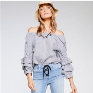Sanctuary Saffron Striped Off The Shoulder Floral Blouse